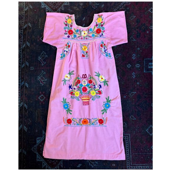 Vintage Embroidered Mexican Midi Dress | Size Small 4 | Pink | Oaxaca - Picture 7 of 8